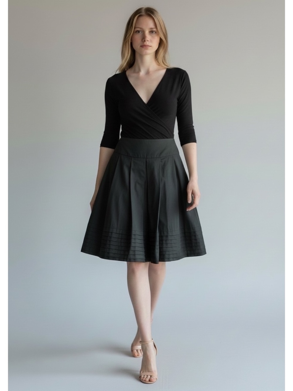 Vintage Alfred Sung Pleated A-Line Skirt 100% Cotton Lined Black Size 4